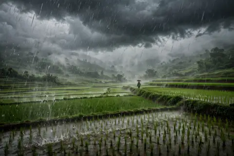 Monsoon Rain Over Green Fields