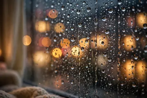 Raindrops on Window with City Bokeh
