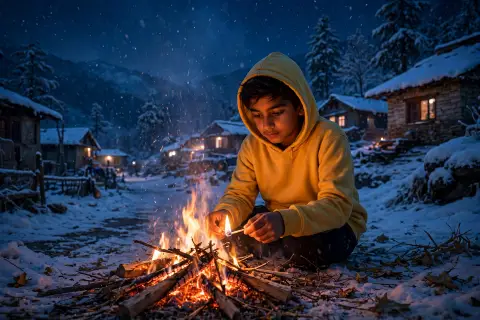 Winter Snowy Village Bonfire Boy Prompt